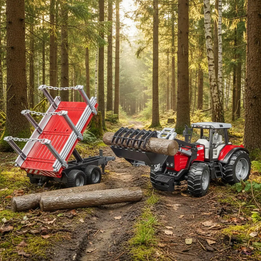 Bruder 02046 traktorius Massey Ferguson su griebtuvu laiko rąstą, šalia stovi priekaba su rąstais ir grandinėmis