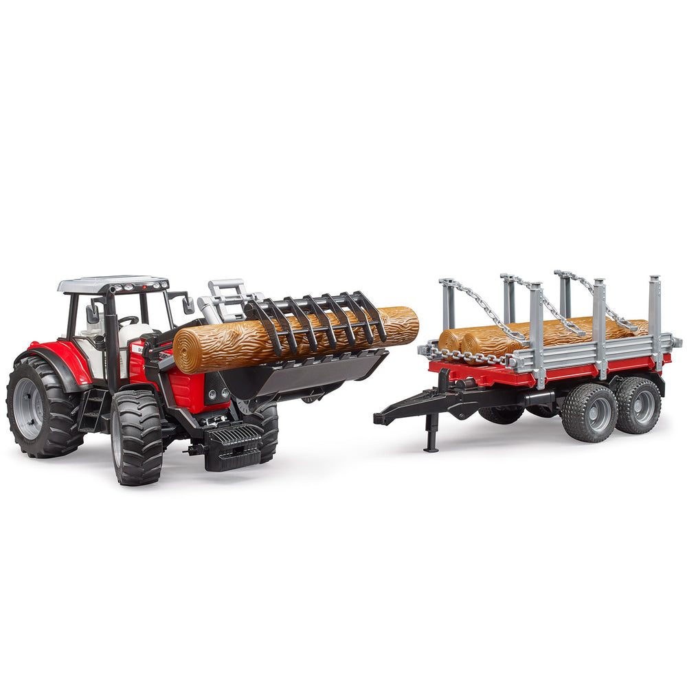 Bruder 02046 traktorius Massey Ferguson su rąstą laikančiu griebtuvu ir priekaba, kurioje grandinėmis sutvirtinti rąstai.