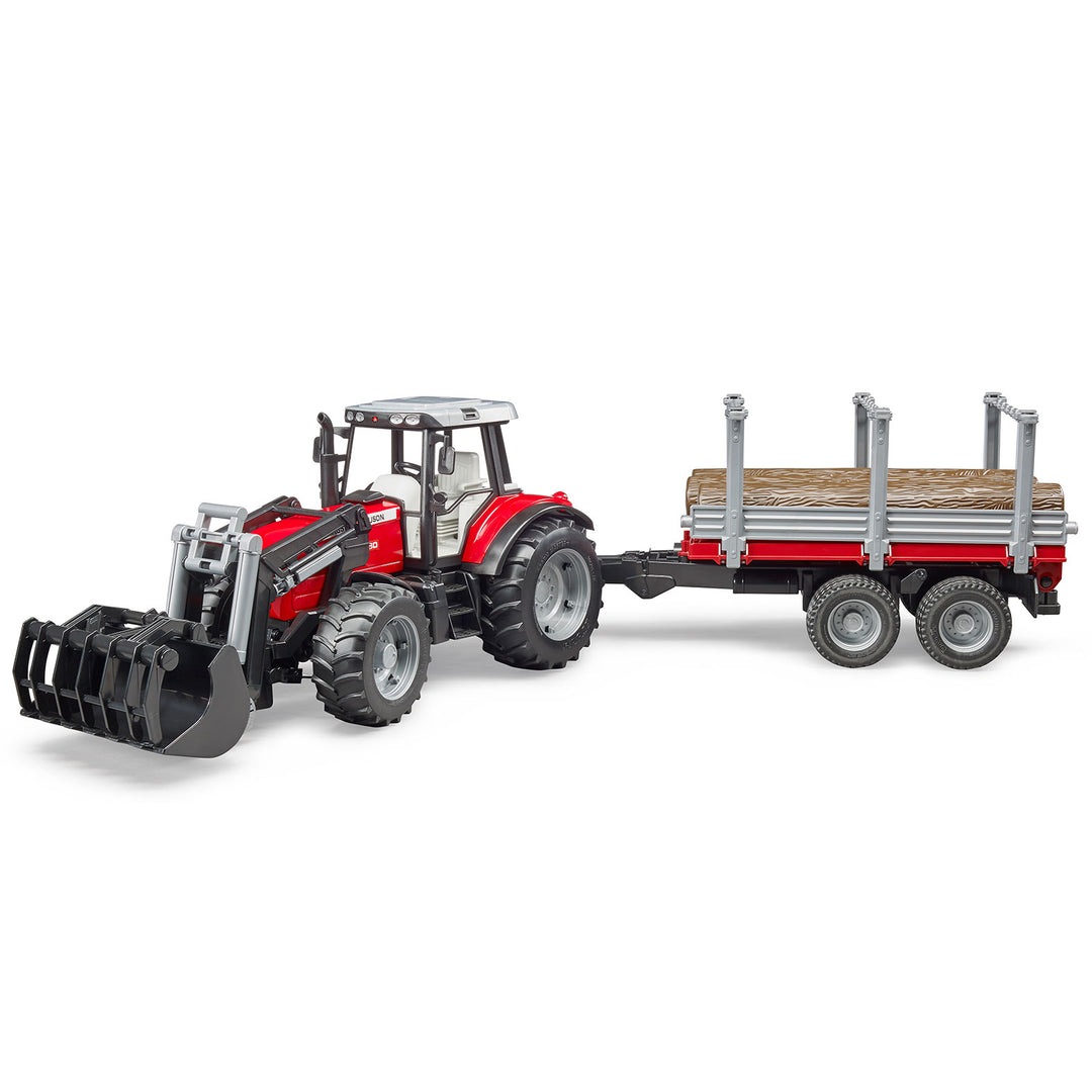 Bruder 02046 Massey Ferguson traktorius su frontaliniu krautuvu ir miško priekaba su rąstais