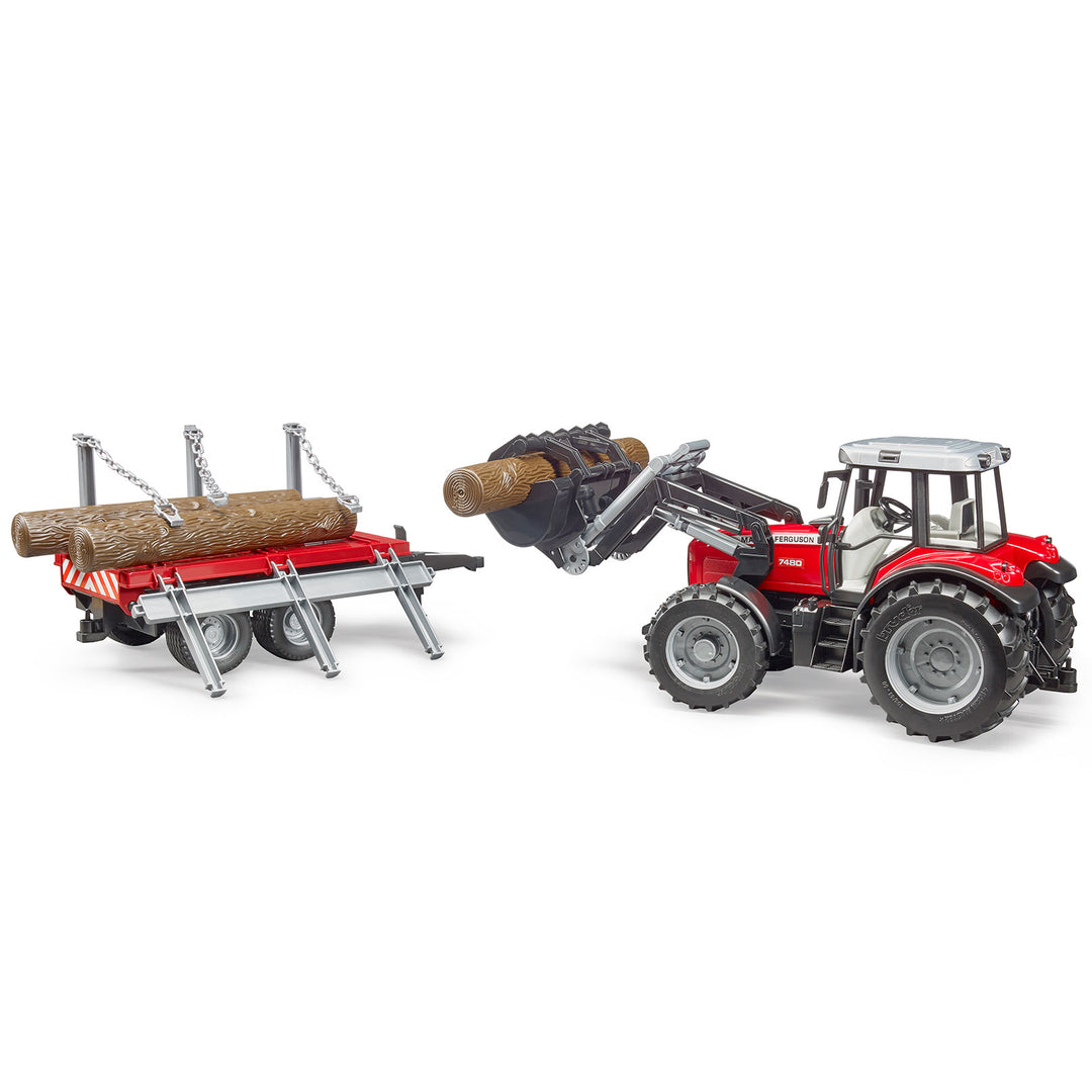 Bruder 02046 Massey Ferguson traktorius su rąstu pakeltame griebtuve ir priekaba atlenktomis šoninėmis atramomis