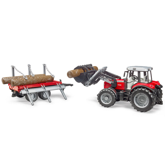 Bruder 02046 Massey Ferguson traktorius su rąstu pakeltame griebtuve ir priekaba atlenktomis šoninėmis atramomis