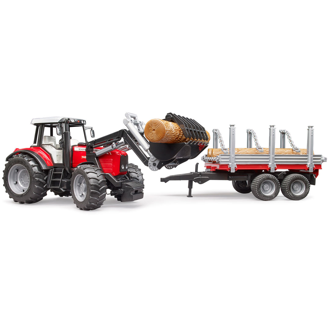 Bruder 02046 Massey Ferguson traktorius su rąstu griebtuve ir priekaba, kurioje grandinėmis pritvirtinti rąstai.